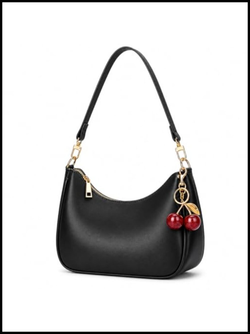 PU Leather Hobo Shoulder Bag with Cherry Charm Detachable Strap